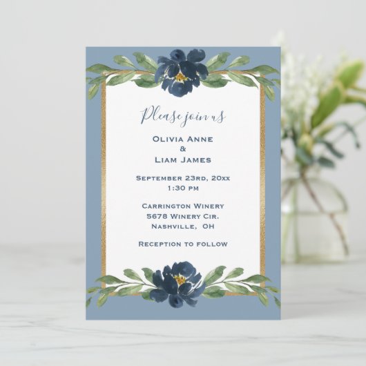 Dusty Blue Floral Elegant Floral Gold Wedding Kaart (Staand voorkant)