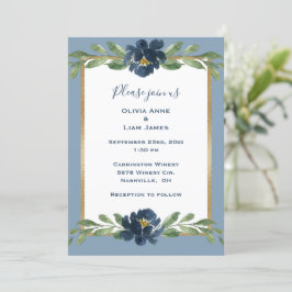 Dusty Blue Floral Elegant Floral Gold Wedding Kaart