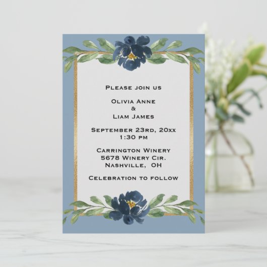 Dusty Blue Floral Elegant Floral Gold Wedding Kaart (Staand voorkant)