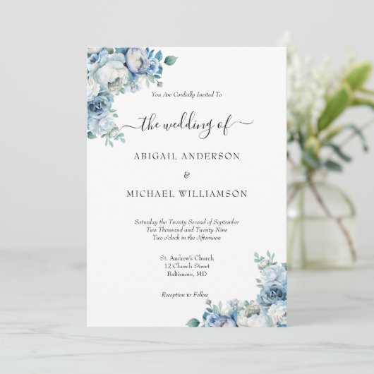 Dusty Blue Floral Elegant Formal Script Wedding Kaart (Staand voorkant)