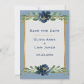 Dusty Blue Floral Elegant Gold Wedding Save The Date (Voorkant)
