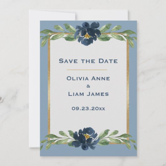 Dusty Blue Floral Elegant Gold Wedding Save The Date (Voorkant)