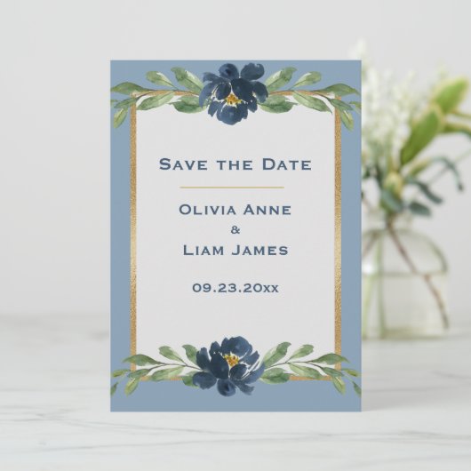 Dusty Blue Floral Elegant Gold Wedding Save The Date (Staand voorkant)