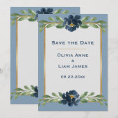 Dusty Blue Floral Elegant Gold Wedding Save The Date (Voorkant / Achterkant)