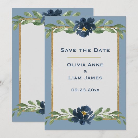 Dusty Blue Floral Elegant Gold Wedding Save The Date