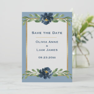 Dusty Blue Floral Elegant Gold Wedding Save The Date