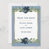 Dusty Blue Floral Elegant Gold Wedding Save The Date (Voorkant)