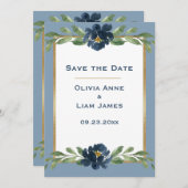 Dusty Blue Floral Elegant Gold Wedding Save The Date (Voorkant / Achterkant)