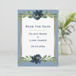 Dusty Blue Floral Elegant Gold Wedding Save The Date