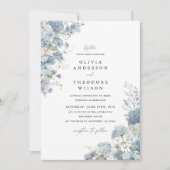 Dusty Blue Floral Elegant Photo Back Wedding Kaart (Voorkant)