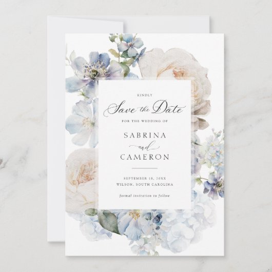Dusty Blue Floral Elegant Rozen Wedding Kaart (Voorkant)