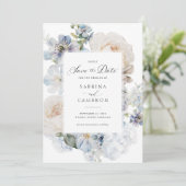 Dusty Blue Floral Elegant Rozen Wedding Kaart (Staand voorkant)