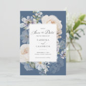 Dusty Blue Floral Elegant Rozen Wedding Kaart (Staand voorkant)