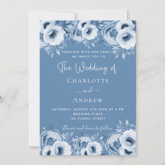 Dusty blue floral elegant script bruiloft kaart (Voorkant)