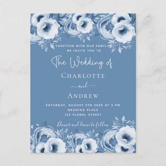 Dusty blue floral elegant script bruiloft uitnodiging briefkaart (Voorkant)