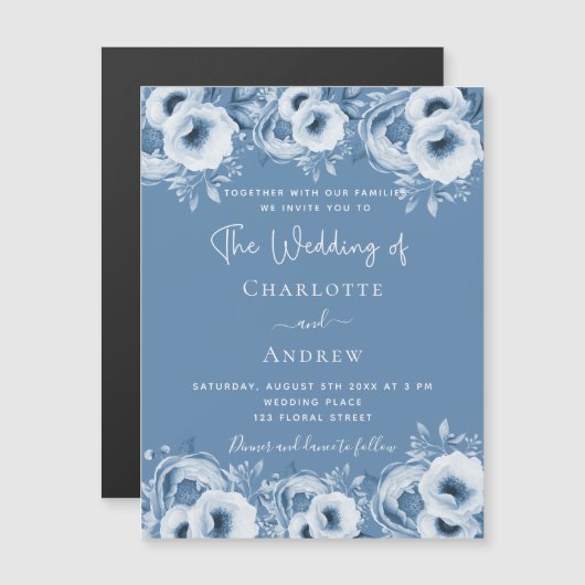 Dusty blue floral elegant script luxe bruiloft magnetische uitnodiging (Voorkant / Achterkant)