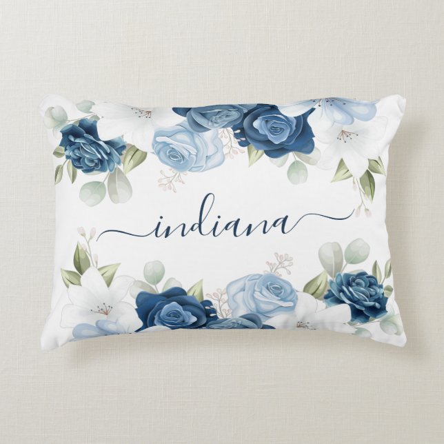 Dusty Blue Floral Elegant Script Monogram Accent Kussen (Voorkant)