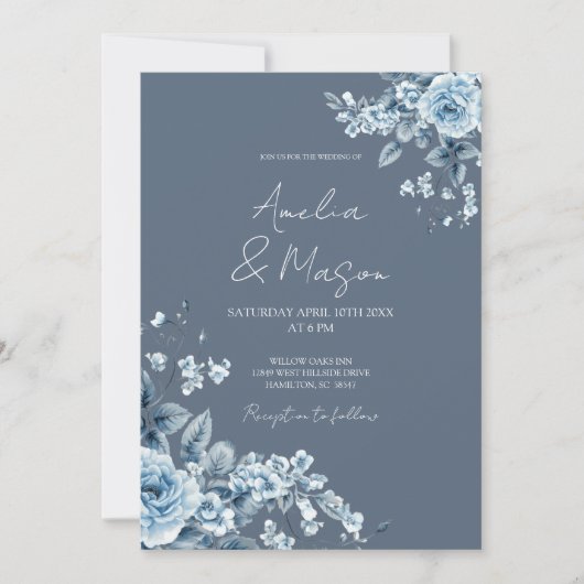 Dusty Blue Floral Elegant Script Wedding Kaart (Voorkant)