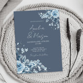 Dusty Blue Floral Elegant Script Wedding Kaart