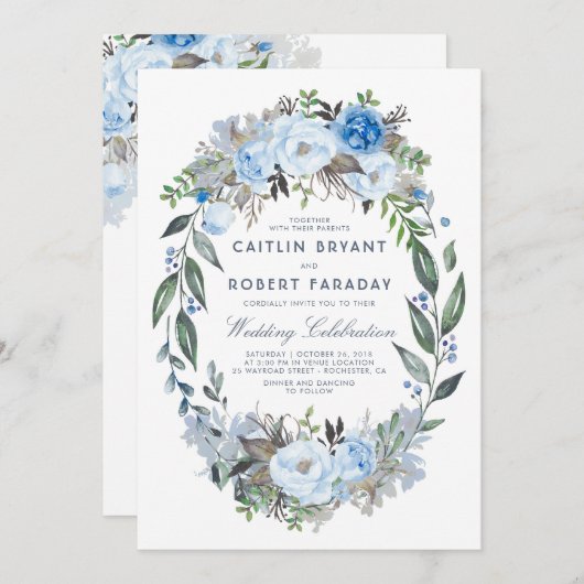 Dusty Blue Floral Elegant Waterverf Wedding Kaart (Voorkant / Achterkant)