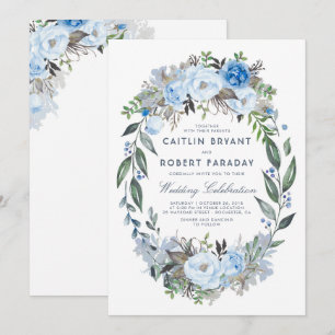 Dusty Blue Floral Elegant Waterverf Wedding Kaart