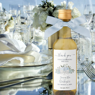 Dusty Blue Floral Elegant Wedding Bedankt Mini Wijn Etiket