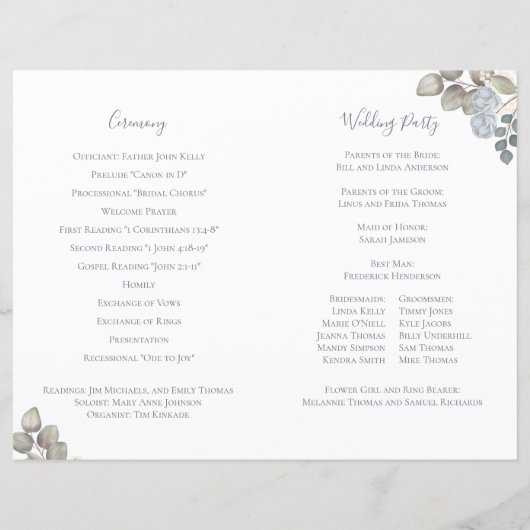 Dusty Blue Floral Elegant Wedding Ceremony Program (Achterkant)