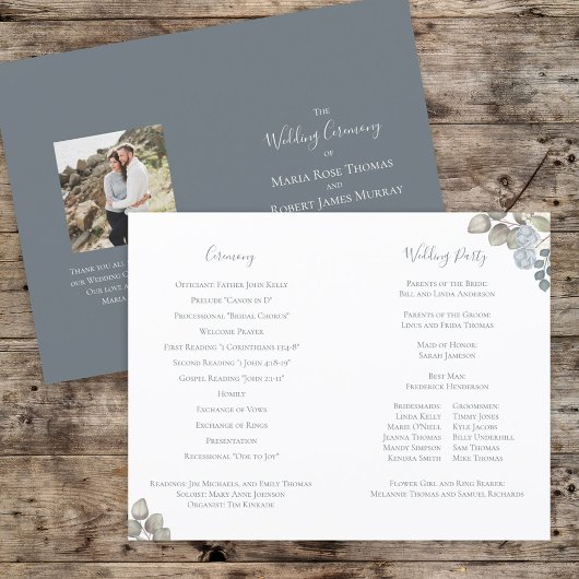 Dusty Blue Floral Elegant Wedding Ceremony Program