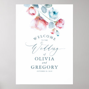 Dusty Blue Floral Elegant Wedding Welcome Sign Poster