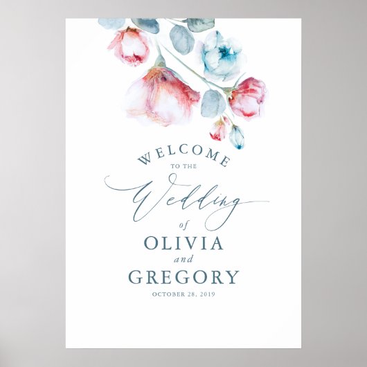 Dusty Blue Floral Elegant Wedding Welcome Sign Poster (Voorkant)