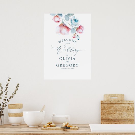 Dusty Blue Floral Elegant Wedding Welcome Sign Poster (Keuken)