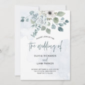 Dusty Blue Floral en Eucalyptus Wedding Kaart (Voorkant)