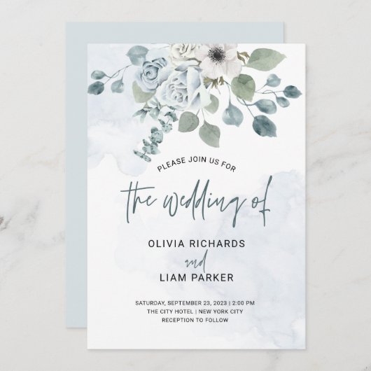 Dusty Blue Floral en Eucalyptus Wedding Kaart (Voorkant / Achterkant)