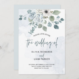 Dusty Blue Floral en Eucalyptus Wedding Kaart