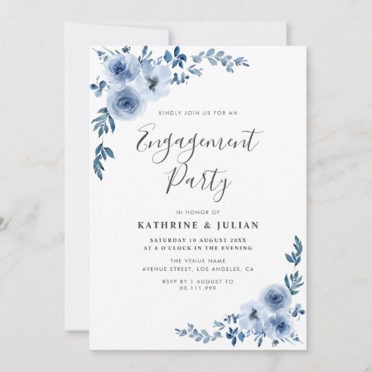 dusty blue floral engparty kaart (Voorkant)