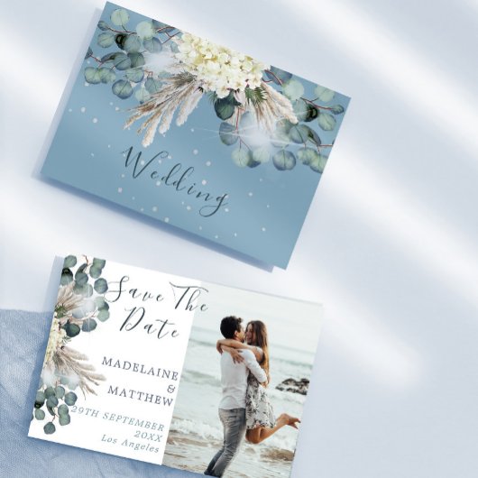 Dusty Blue Floral Eucalyptus Elegant Bruiloft Save The Date
