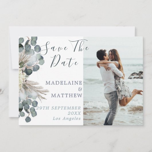 Dusty Blue Floral Eucalyptus Elegant Bruiloft Save The Date (Voorkant)