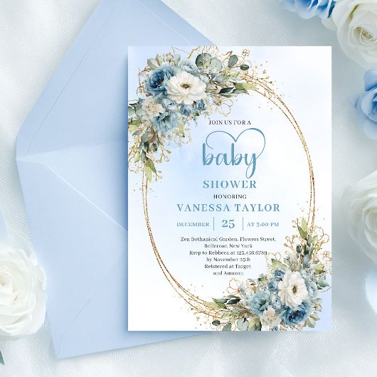 Dusty Blue Floral Eucalyptus Gold Script Baby Show Kaart