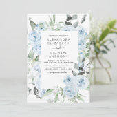 Dusty Blue Floral Eucalyptus Greenery Wedding Invi Kaart (Staand voorkant)