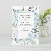 Dusty Blue Floral Eucalyptus Greenery Wedding Kaart (Staand voorkant)