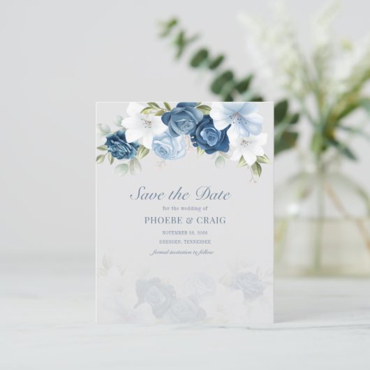 Dusty Blue Floral Eucalyptus Save the Date (Staand voorkant)