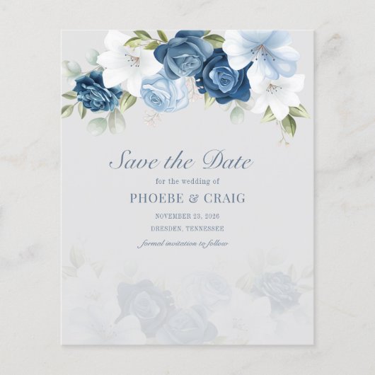 Dusty Blue Floral Eucalyptus Save the Date (Voorkant)