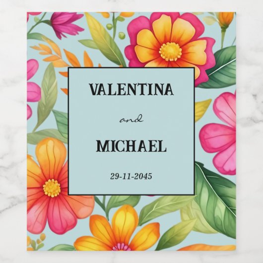 Dusty Blue Floral Fiesta Mexicaanse bruiloft Wijn Etiket (Enkel label)