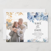 Dusty Blue Floral Flower Custom Afbeelding Wedding Save The Date (Voorkant)