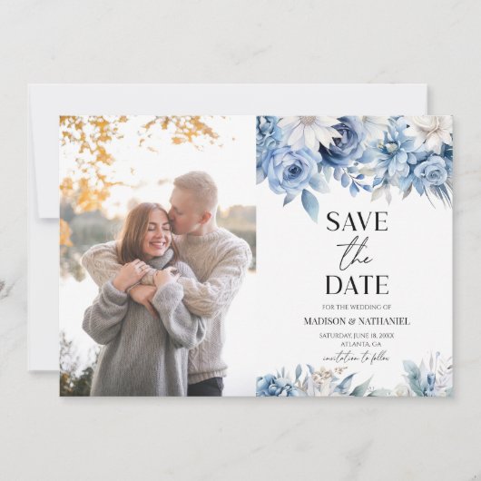 Dusty Blue Floral Flower Custom Afbeelding Wedding Save The Date (Voorkant)