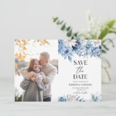 Dusty Blue Floral Flower Custom Afbeelding Wedding Save The Date (Staand voorkant)