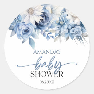 Dusty Blue Floral Flowers Baby shower Ronde Sticker