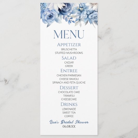 Dusty Blue Floral Flowers Vrijgezellenfeest Eten Menu (Voorkant)