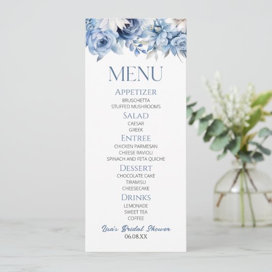 Dusty Blue Floral Flowers Vrijgezellenfeest Eten Menu (Staand voorkant)
