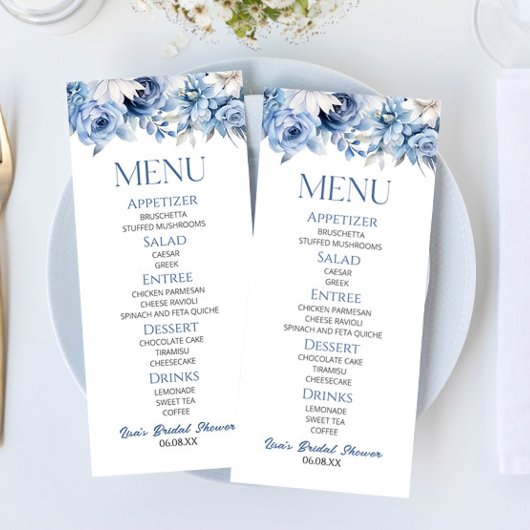 Dusty Blue Floral Flowers Vrijgezellenfeest Eten Menu